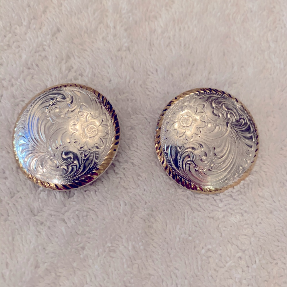 Silver tone pierced earrings with Gold tone rim